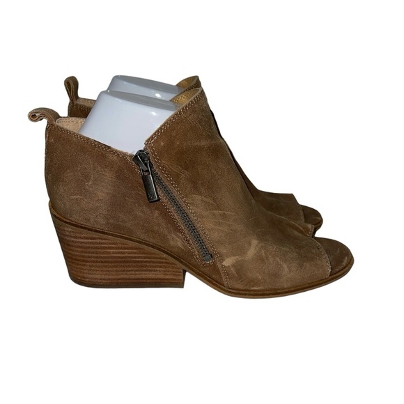 Lucky Brand Women's Booties Size 8M Brown Leather Side Zips Open Toe Block Heel - Picture 1 of 15